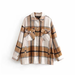 fashion outfits Autumn and Winter New Women's Lapel Plaid Shirt Soft Woolen Coat 