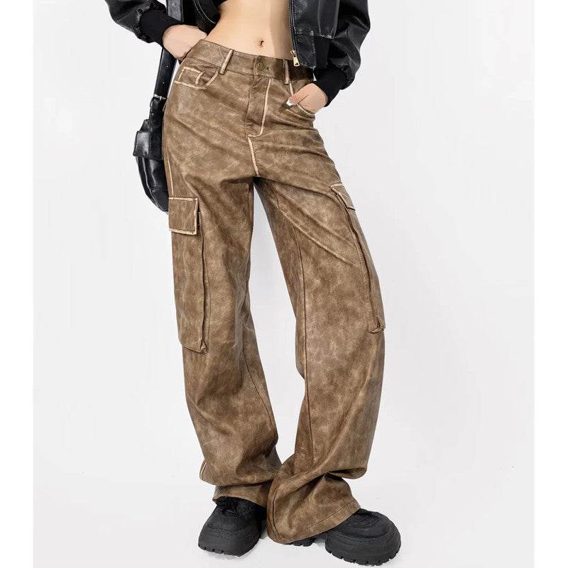 2024 fall fashion trends Autumn and Winter New Women's High Waist Loose Heavy-Duty Brushed Large Pocket Leather Pants Overalls Trousers 