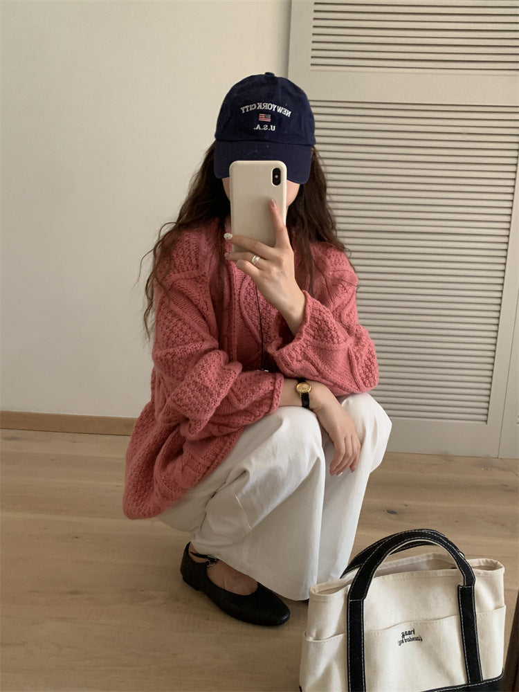 outfit inspo fall  Korean Style Retro Winter New Hemming Knitted Women's round Neck Twist Loose Lazy Style Pullover Sweater