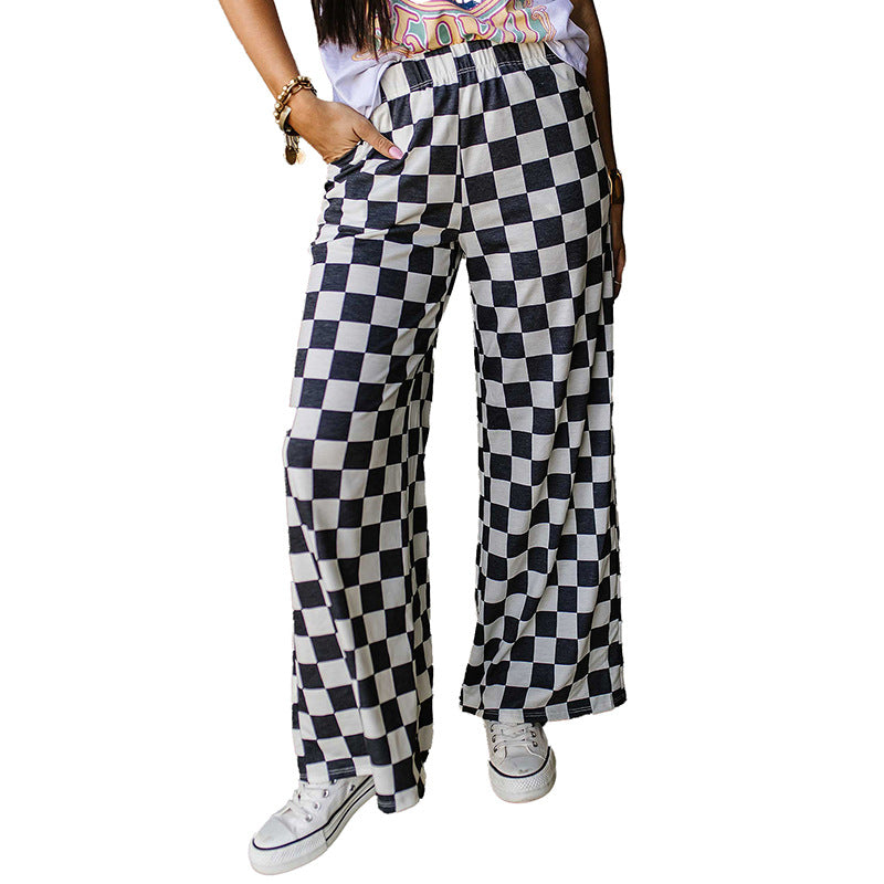 outfit Spring New Chessboard Plaid Printed Casual Pants for Women 2024 Personality Niche Loose High Waist Wide Leg Pants for Women