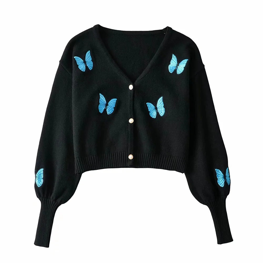 outfit 2024 Autumn and Winter New Casual Short Butterfly Embroidered Lantern Sleeve Knitted Sweater Cardigan Coat