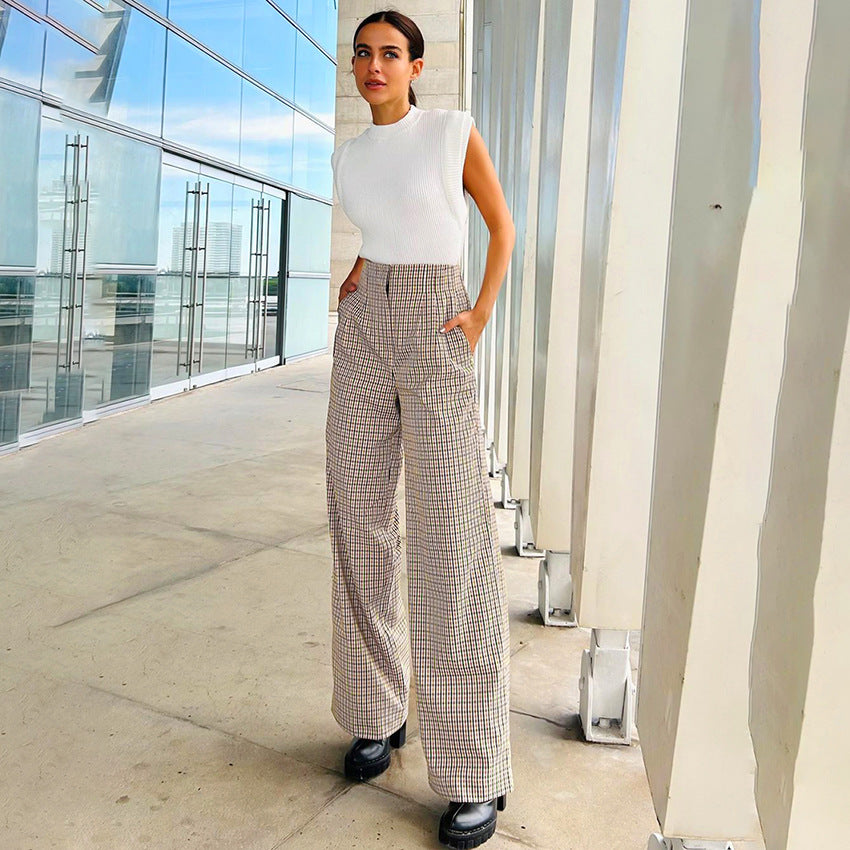 business casual outfits Plaid Wide-Leg Pants Plaid Trousers Autumn and Winter New Straight Commuter Women's Casual