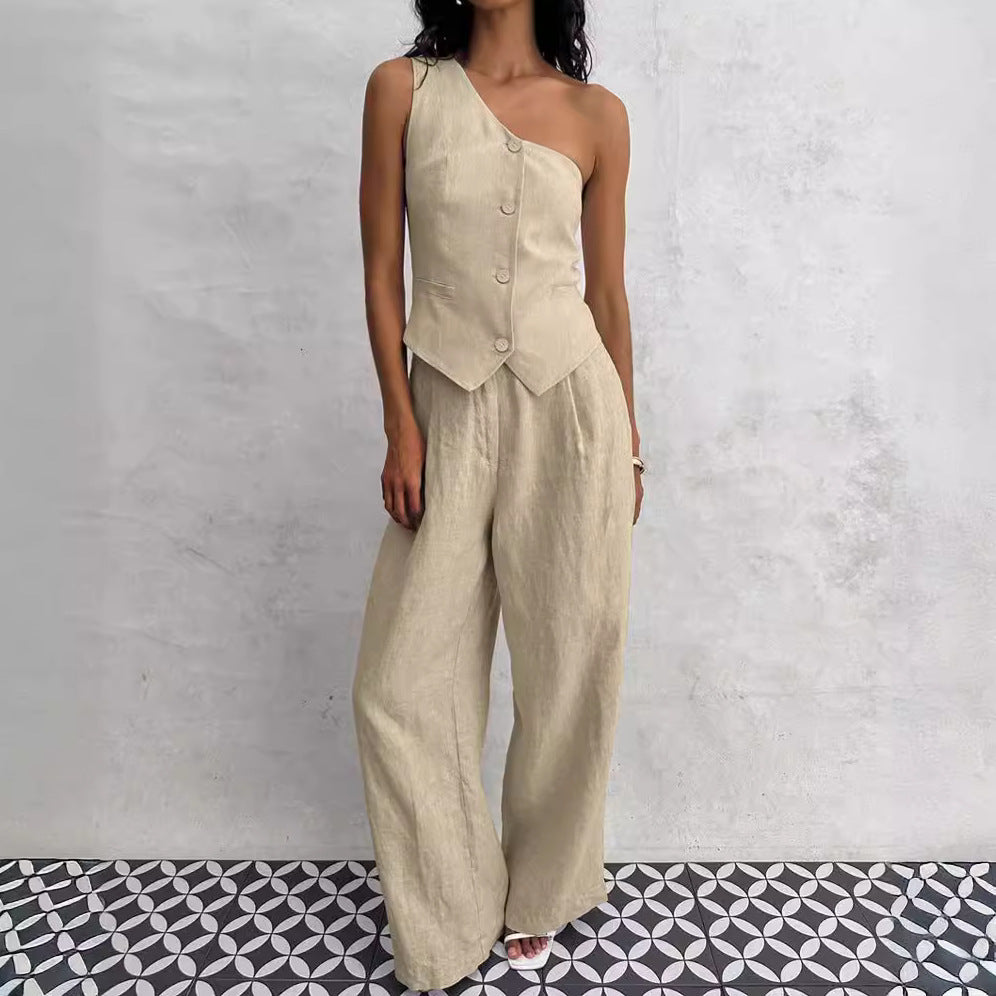 church outfit Design Fashionable One-Shoulder Vest High Waist Wide-Leg Pants Two-Piece Set Personalized Temperament Casual 2024 Summer and Autumn New Women's