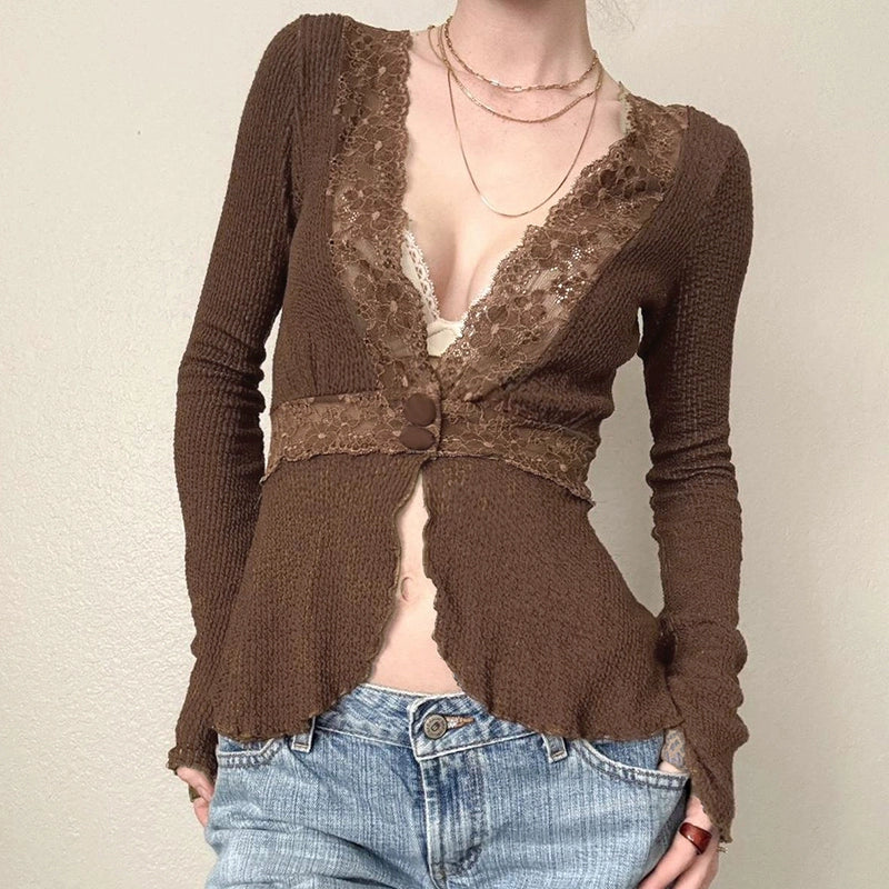 REALMEFIT  -  Dezirae Lace Woolen V-Neck Cardigan