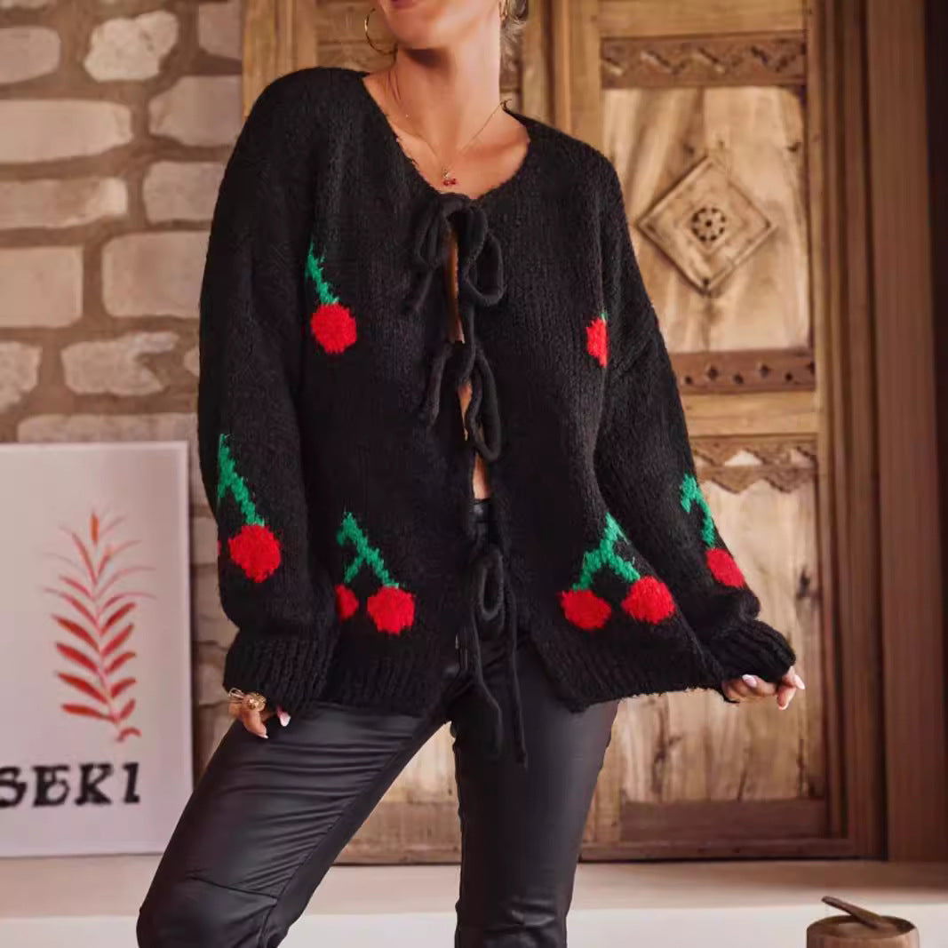 outfit inspo 2024 Wear Solid Color Sweater Coat Lace-up Cherry Jacquard Knitted Cardigan for Women