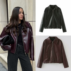 2000s fashion  Women's Retro Lapel Zipper Leather Jacket American Casual Leather Coat Women