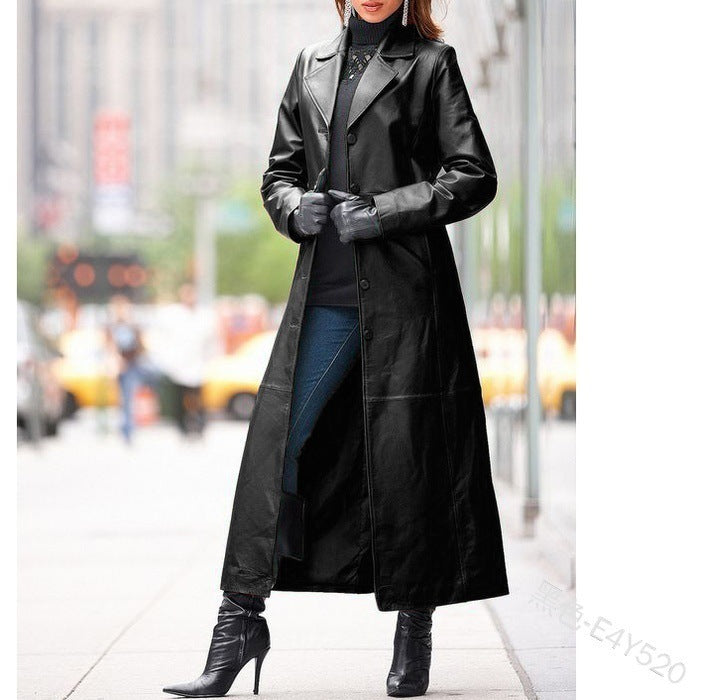 2024 fall fashion trends New Women's Button Leather Coat Extended Coat Slim Fit Slimming plus Size Leather Trench Coat