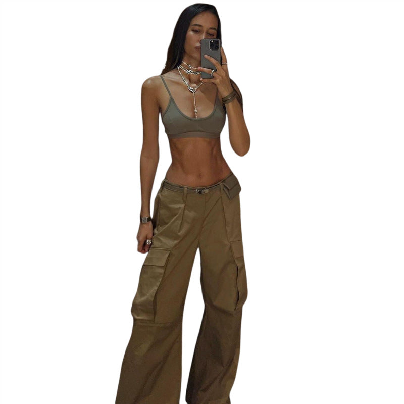 business casual outfits woman Low Waist American Retro High Street Multi-Pocket Overalls Women's Summer Hot Girl Versatile Stitching Casual Straight Wide Leg Pants