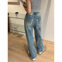 dti outfits Retro Small Polka Dot Straight Jeans Women's Thin Summer New Loose Trousers Blue Wide Leg Pants