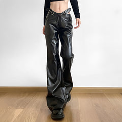 2024 fall fashion trends Dark Style Street High Waist Personalized Metal Belt PU Leather Pants Hot Girl Slim-Fit Flared Pants Trousers