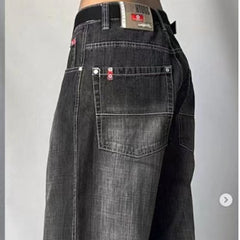 2000s fashion Black Gray Denim Wide Leg Pants Jazz Dance Dancing Pants American High Waist Retro Distressed Ins Niche Design Sense