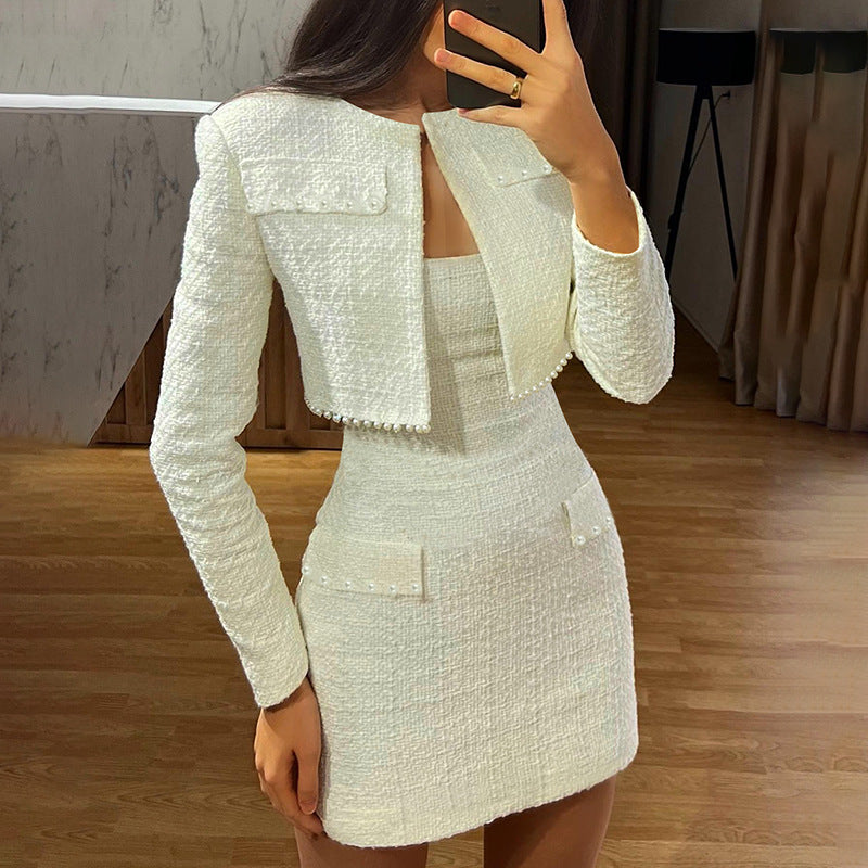 2000s fashion  Autumn New Chanel Style Long Sleeve Coat Fashion Style Socialite Temperament Slim Tube Top Dress Women