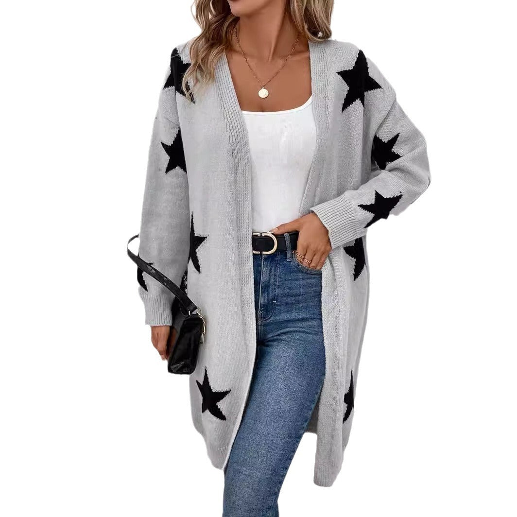 dream clothes 2024 Spring and Autumn New Star Knitted Cardigan Women's Mid-Length V-neck Fashion Sweater Coat