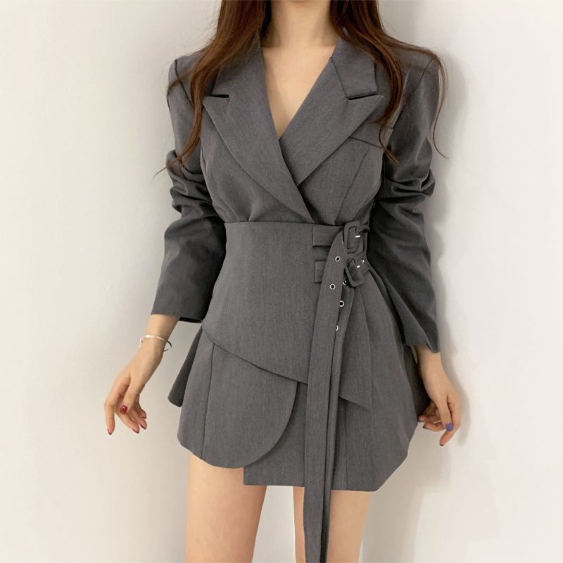 business casual outfits woman 2024 Spring and Autumn New Adjustable Double Belt Small Suit Jacket Women's Slimming Irregular Fake Two-Piece Quality Suit Skirt