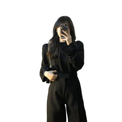 teacher outfits Yujie Style Texture Long-Sleeved Shirt Suit Women's Autumn High Waist Straight Wide-Leg Pants Elegant Black Lantern Sleeve Top