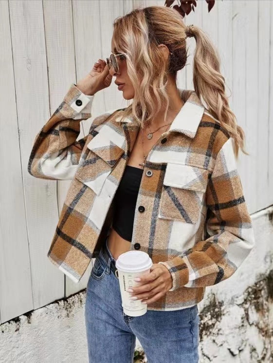 fashion outfits Plaid Contrast Color Long-Sleeved Jacket Women's Winter Fashion Lapel Single-Breasted Jacket