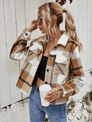 fashion outfits Plaid Contrast Color Long-Sleeved Jacket Women's Winter Fashion Lapel Single-Breasted Jacket