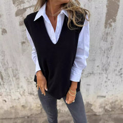 2024 fall fashion trends 2024_autumn and Winter Casual V-neck Knitted Solid Color Sweater Versatile Basic Vest