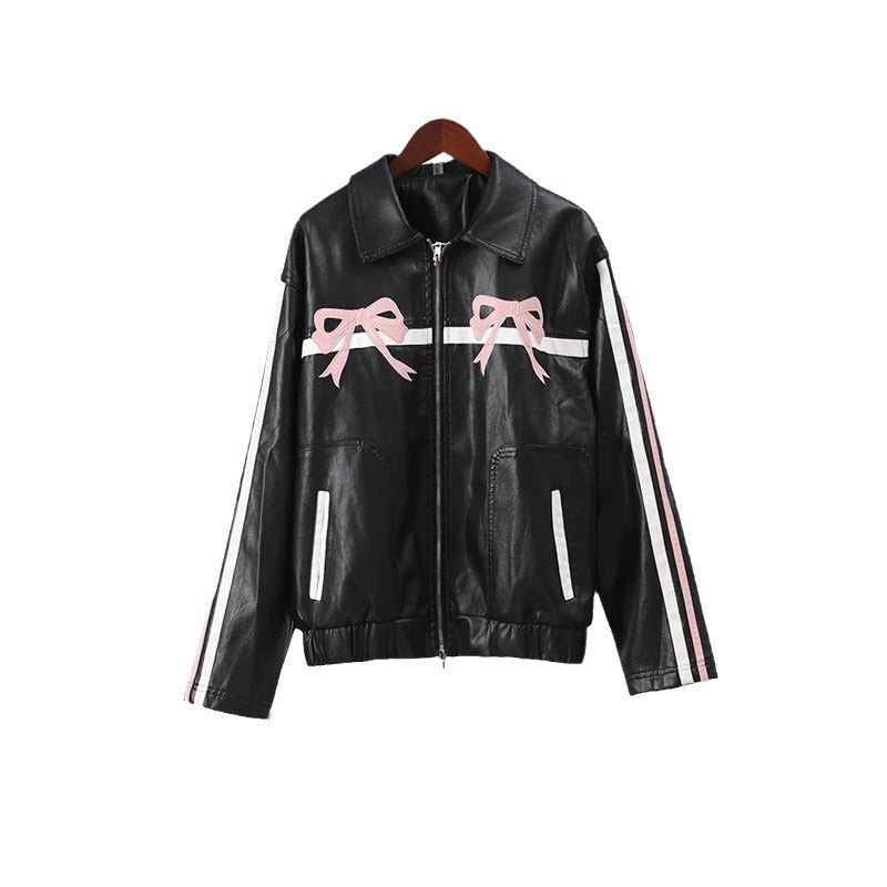 y2k 2024 Spring Women's Leather Clothing Personality Street Sweet Cool Bow Pu Motorcycle Leather Jacket Coat