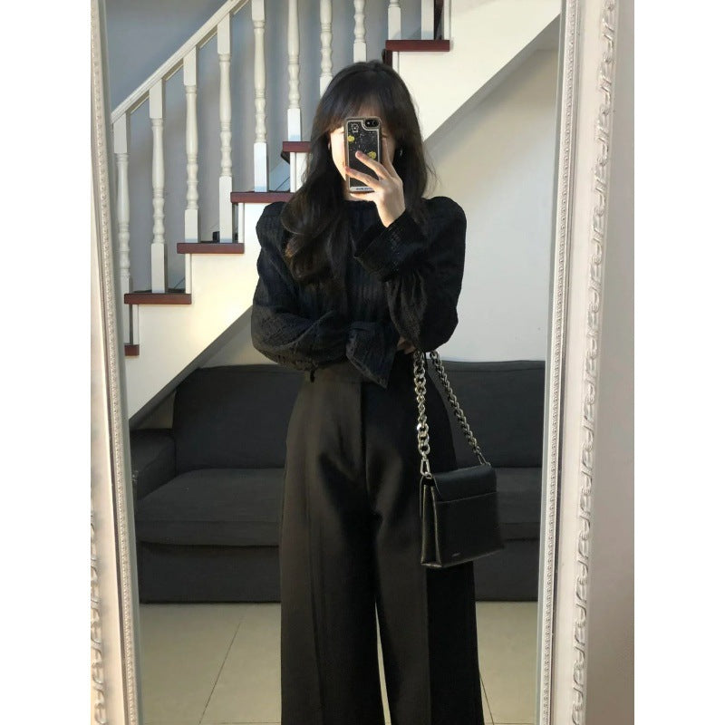 teacher outfits Yujie Style Texture Long-Sleeved Shirt Suit Women's Autumn High Waist Straight Wide-Leg Pants Elegant Black Lantern Sleeve Top