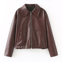 2000s fashion  Women's Retro Lapel Zipper Leather Jacket American Casual Leather Coat Women