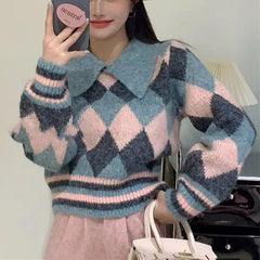 2024 fall fashion trends Korean Style Contrast Color Rhombus Doll Collar Sweater Women's Pullover 2024 Autumn and Winter New Gentle Style Short Knitted Cardigan