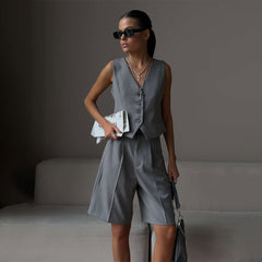 business casual outfits woman Vest Vest Suit 2024 Spring and Summer V-neck Single-Breasted Vest + Straight Suit Shorts Suit