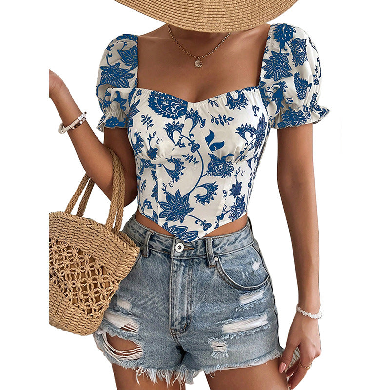 end of summer outfits Spring Women's Printed V-neck Short-Sleeved Shirt Sexy Short Shirt Top