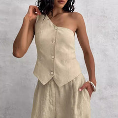 church outfit Design Fashionable One-Shoulder Vest High Waist Wide-Leg Pants Two-Piece Set Personalized Temperament Casual 2024 Summer and Autumn New Women's