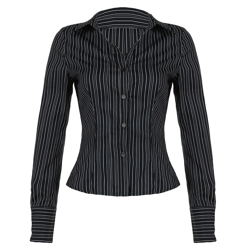 dti outfits Summer New Lapel Breasted Cardigan Long-Sleeved Shirt T-shirt Women's Slim Fit Versatile Striped Woven Short Top