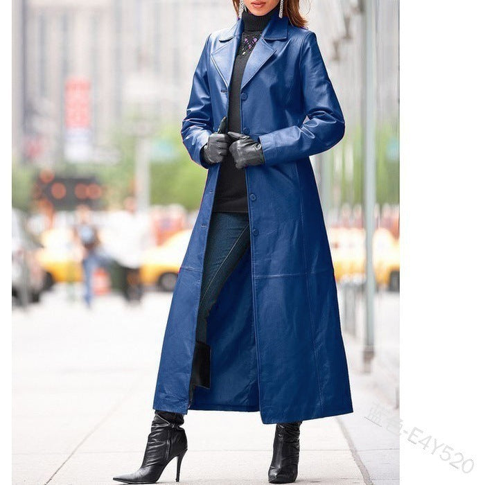 2024 fall fashion trends New Women's Button Leather Coat Extended Coat Slim Fit Slimming plus Size Leather Trench Coat