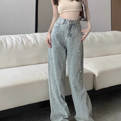 dti outfits Straight Denim Wide-Leg Pants Beaded High Waist Slimming Trousers Women's Niche Design Spring Mop Pants Fashion