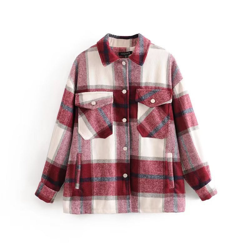 fashion outfits Autumn and Winter New Women's Lapel Plaid Shirt Soft Woolen Coat 