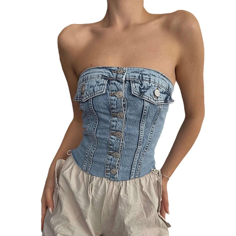 2000s fashion Style Summer Women's Clothing New Denim Sexy Women's off-Shoulder Elastic Wrapped Chest Button Tube Top