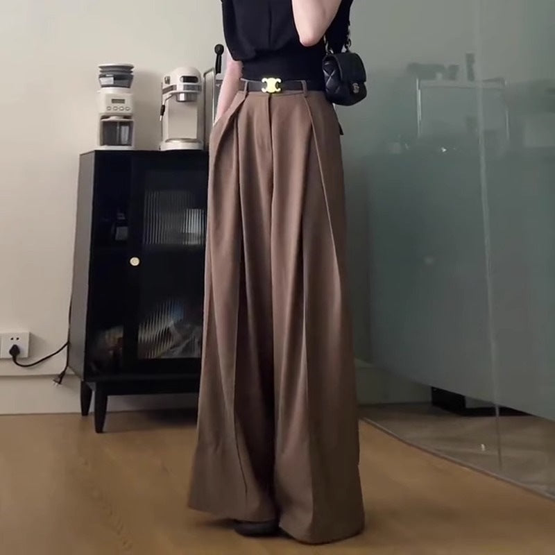 business casual outfits Pleated Suit Pants Women's Summer Wide-Leg Pants Tall High Waist Slimming Draping Casual Mop Gray Straight Pants