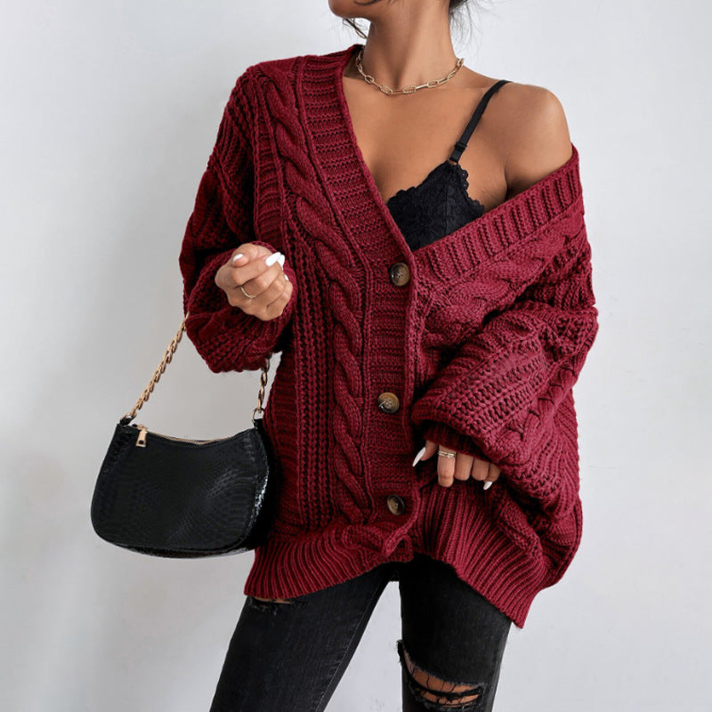 2000s fashion V-neck Sweater Women's Retro Style Fashion Loose Twist Lantern Sleeve Cardigan Knitted Coat