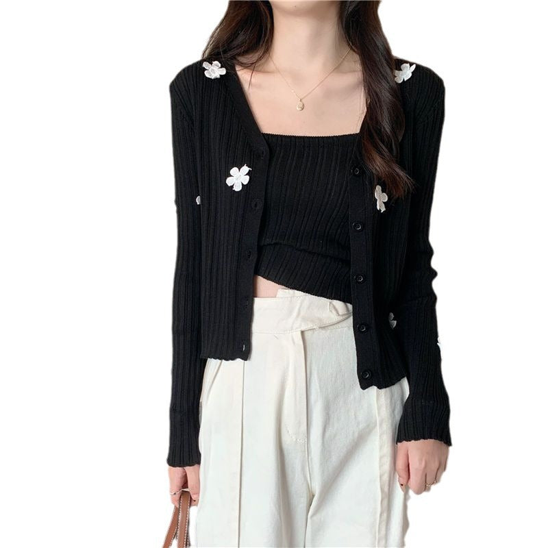 2000s fashion Korean Style Sweet Fresh Flower Pit Sweater Autumn New Lady Strap Cardigan Coat Slimming Trendy