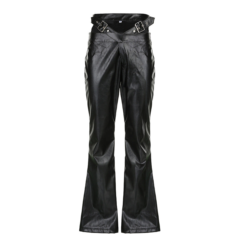 2024 fall fashion trends Dark Style Street High Waist Personalized Metal Belt PU Leather Pants Hot Girl Slim-Fit Flared Pants Trousers