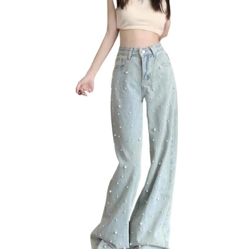 dti outfits Straight Denim Wide-Leg Pants Beaded High Waist Slimming Trousers Women's Niche Design Spring Mop Pants Fashion