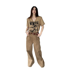 suede jacket outfit   Fish Fashionable Retro High Street Suit Pants Loose Wide Leg Lazy Solid Color Straight Casual Pants  