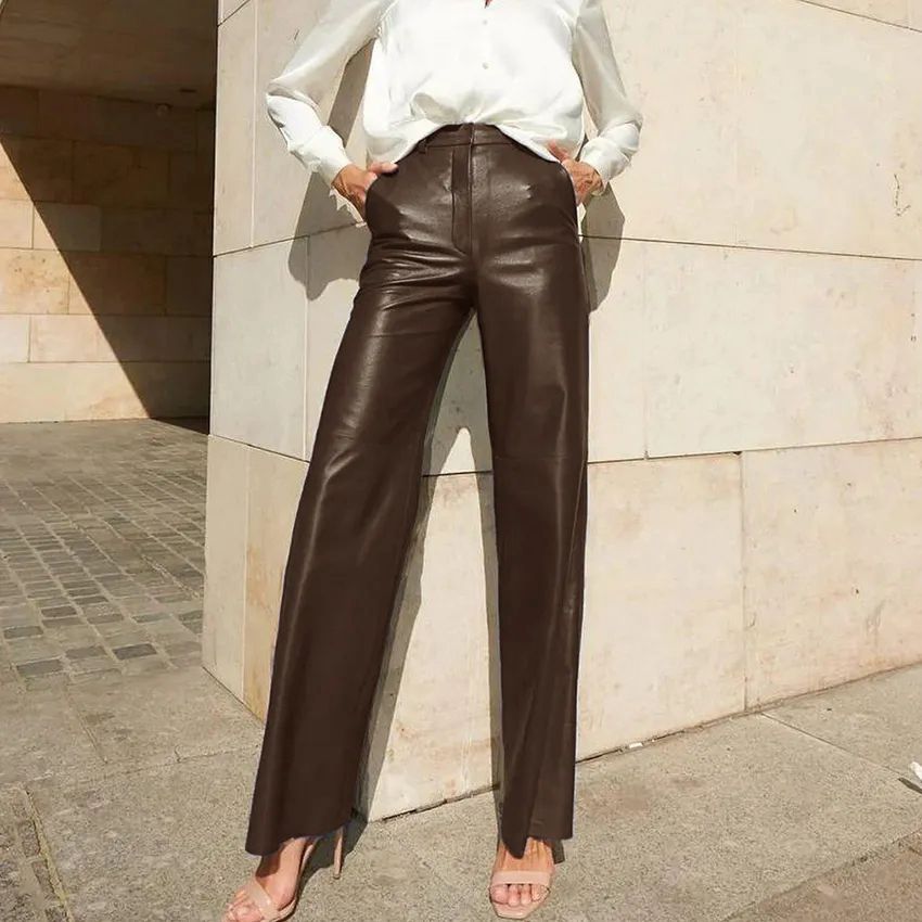 2024 fall fashion trends Women's Spring Fashion PU Leather Mid-High Waist Hip Lifting Straight Women's Casual Pants Women's Pants