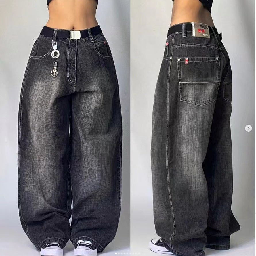 2000s fashion Black Gray Denim Wide Leg Pants Jazz Dance Dancing Pants American High Waist Retro Distressed Ins Niche Design Sense