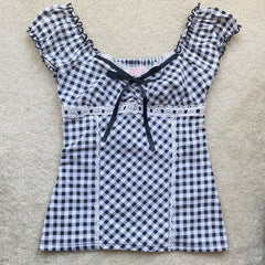 dream clothes Fashionable New Spring and Summer Plaid Lace Ribbon Knitted Bow Slim Sleeveless T-shirt