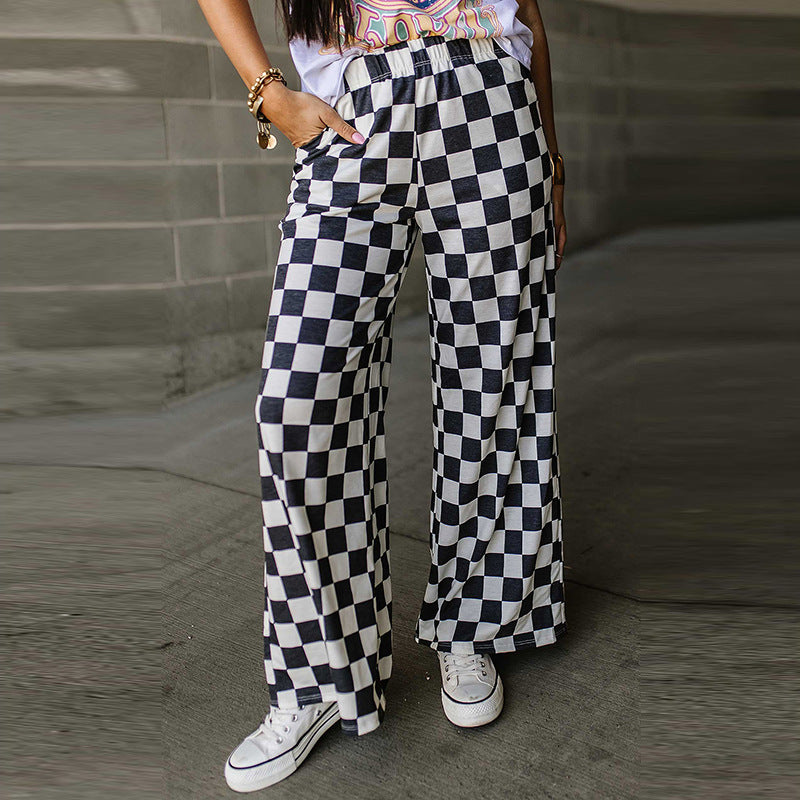 outfit Spring New Chessboard Plaid Printed Casual Pants for Women 2024 Personality Niche Loose High Waist Wide Leg Pants for Women