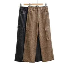 2024 fall fashion trends Autumn and Winter New Women's High Waist Loose Heavy-Duty Brushed Large Pocket Leather Pants Overalls Trousers 