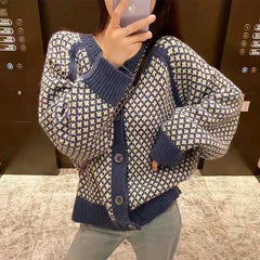 2000s fashion Knitted Cardigan Coat for Women Autumn and Winter Fashion New Korean Style Loose round Neck Thickened Lazy Style Contrast Color Sweater