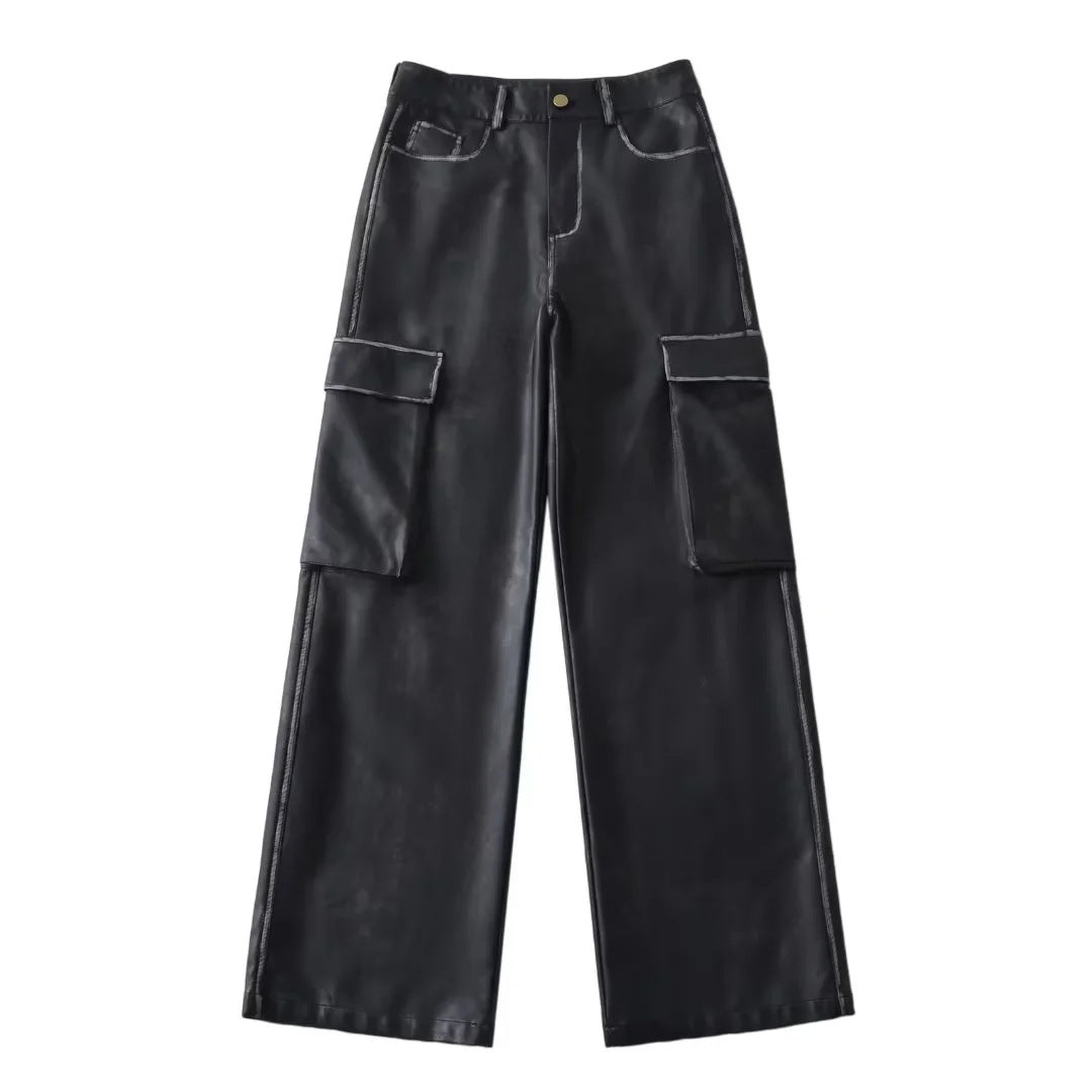 2024 fall fashion trends Autumn and Winter New Women's High Waist Loose Heavy-Duty Brushed Large Pocket Leather Pants Overalls Trousers 