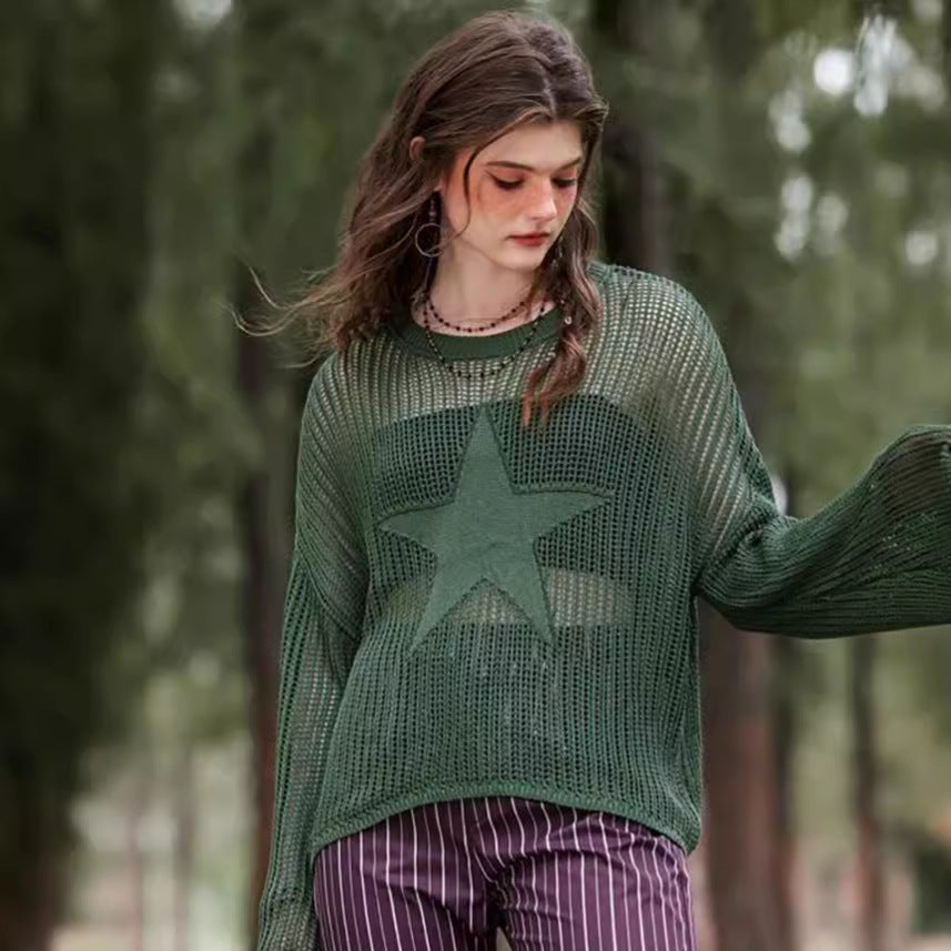 concert outfit Casual Spring, Summer and Autumn Women's Hollow Star Loose Knitted Blouse See-through Mesh Sweet Fresh Mori