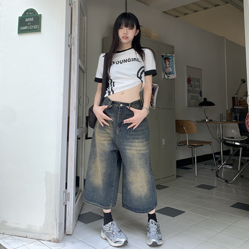 2000s fashion American Street Hip Hop Cropped Wide-Leg Jeans Women's 2024 Summer New High Waist Slimming Loose Straight Pants