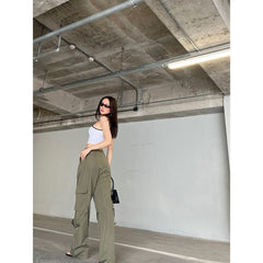 business casual outfits woman Army Green Overalls New Hot Girl American Retro Slimming Trousers Loose Draping Mop Pants